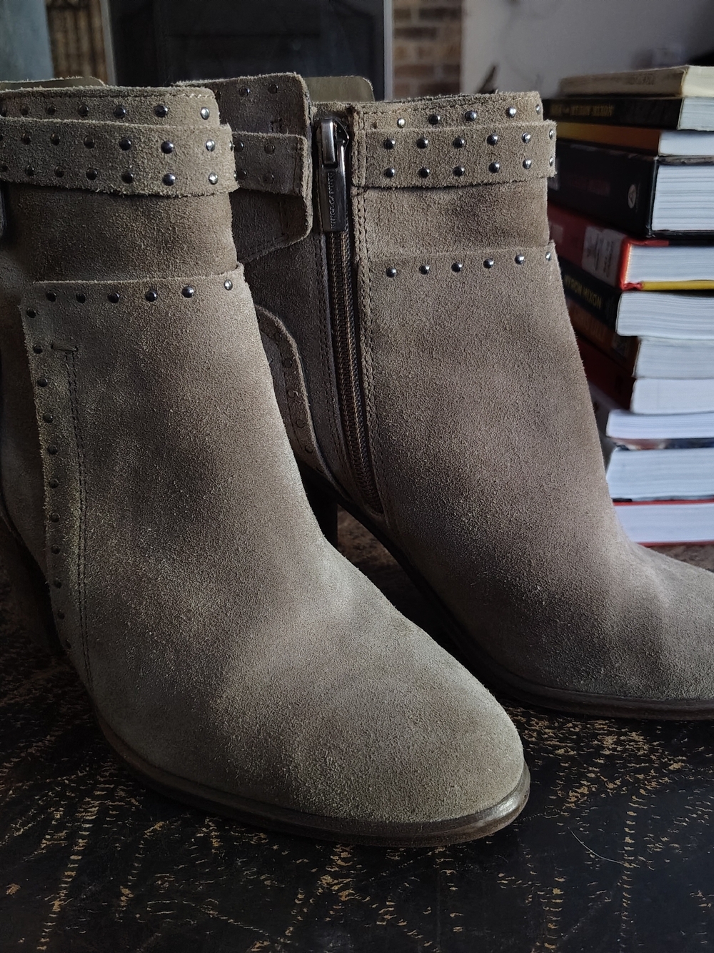 Vince Camuto Faythes Taupe Suede Studded Ankle Boots - Size 6